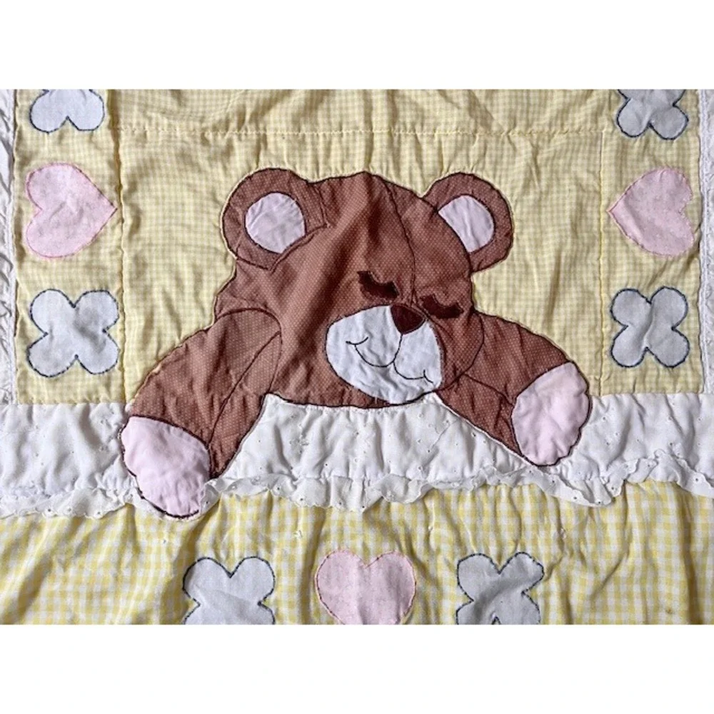 Vintage Teddy Bear‎ sleeping yellow gingham blanket